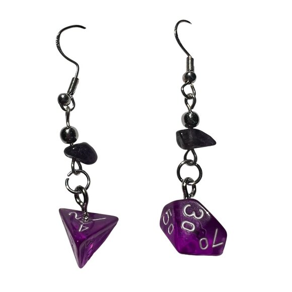 Purple DnD Dice Dangling Earrings - Picture 1 of 3